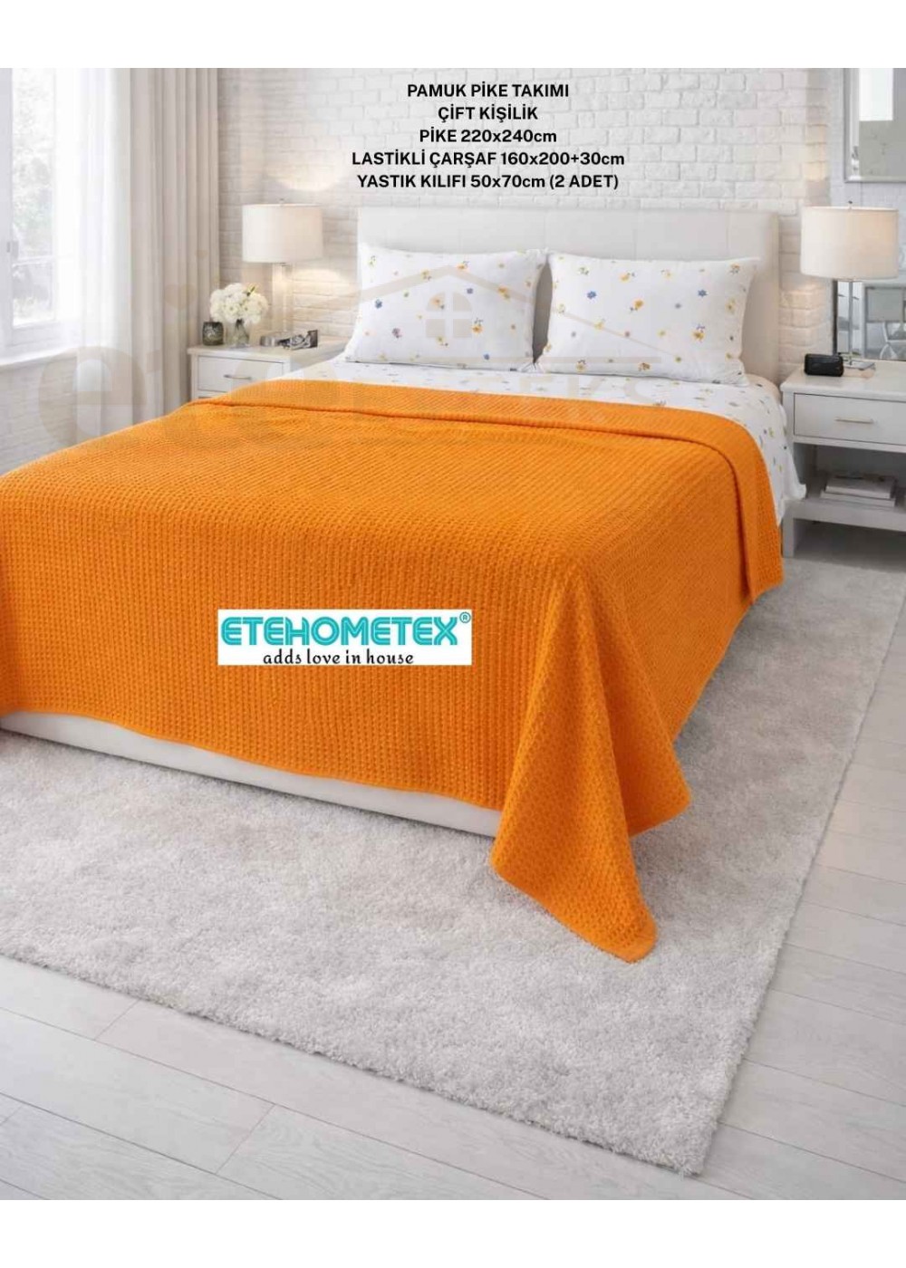 ETEHOMETEX ÇİFT KİŞİLİK %100 PAMUK HAVUZLU PİKE TAKIMI TURUNCU 8696474232074